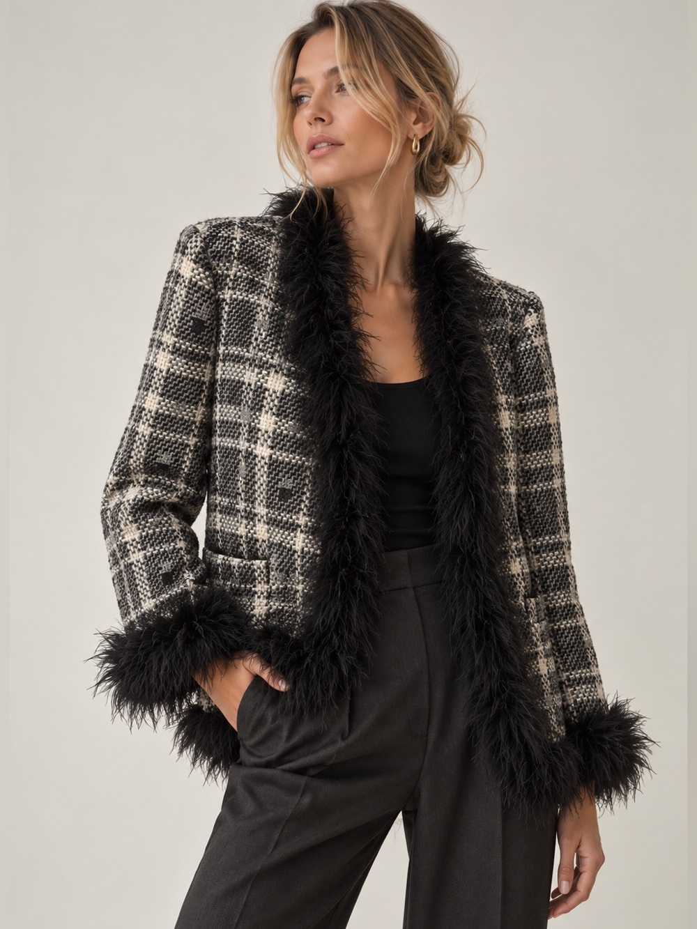 Vintage Plaid Tweed Blazer Black Feather Boa Trim Jacket